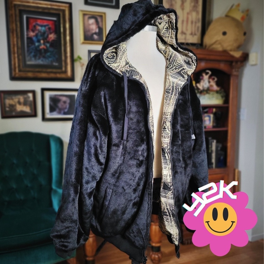 Vintage Y2K MJ‎ Collection Black Faux Fur Reversible Baroque Hoodie Jacket 3XL